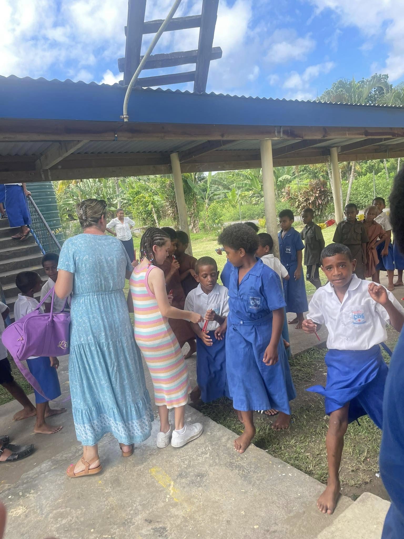 Meeting the school kids outside