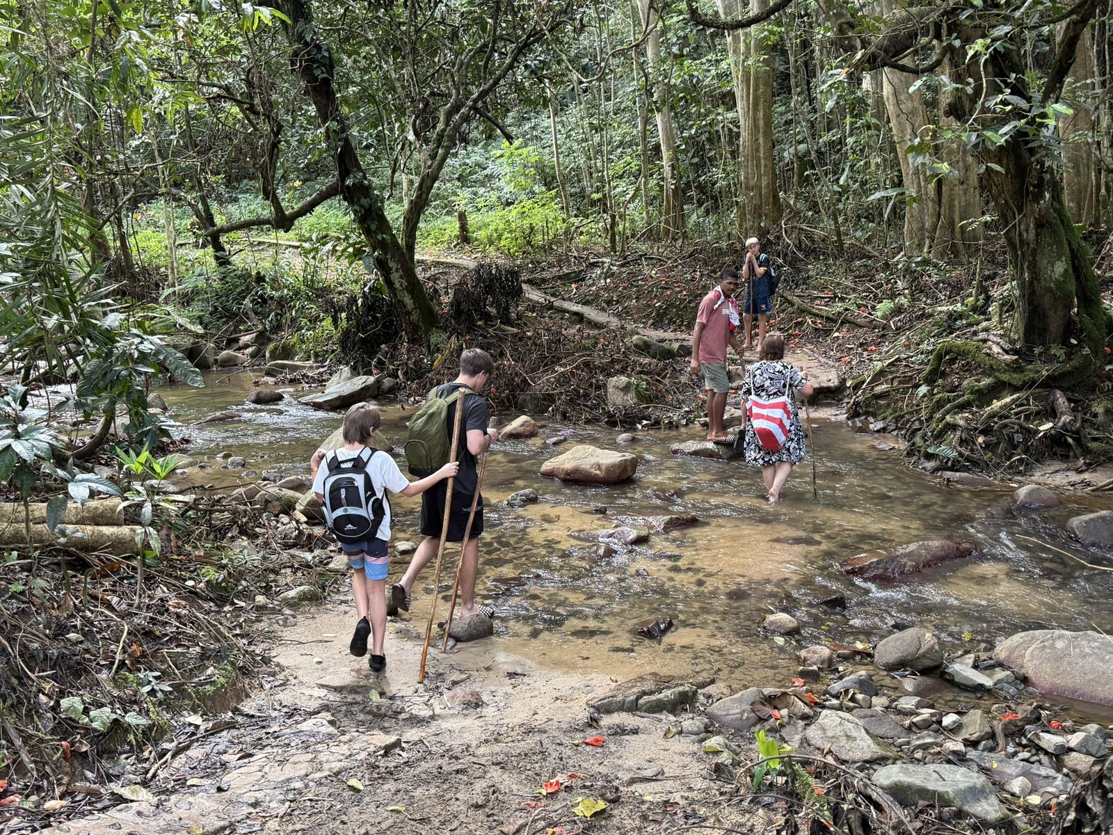 Hiking through the stream in the rainforest